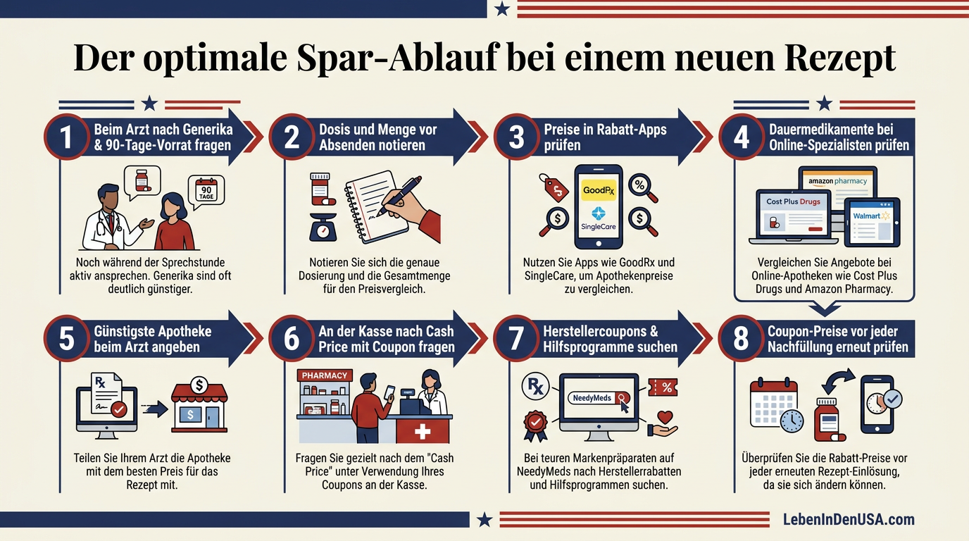 Infografik als Schritt-für-Schritt-Ablaufdiagramm zur Ermittlung des günstigsten Preises für ein neues Medikamentenrezept in den USA.