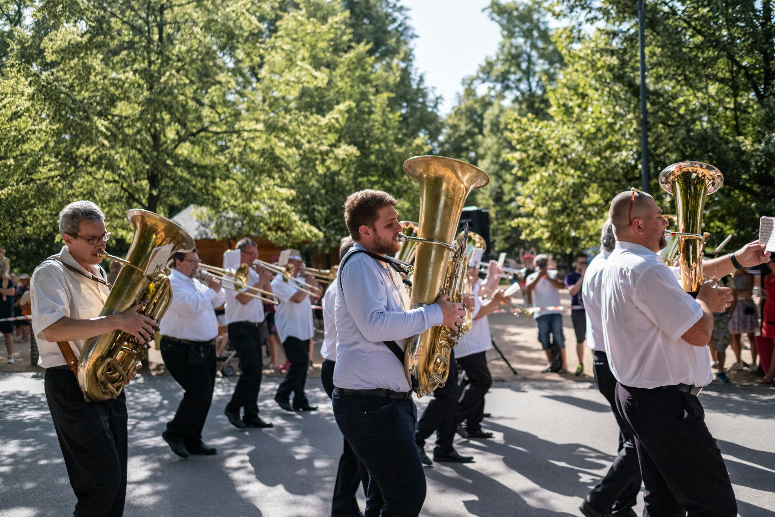 A lively marching band performs on the streets of Poděbrady, Czechia, showcasing brass instruments.